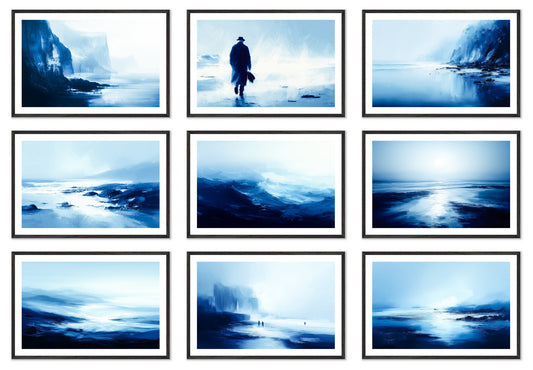 Blue Silence - Gallery wall set with art prints in black frame