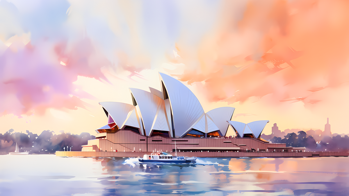 Watercolor painting of the Sydney Opera House against sunrise