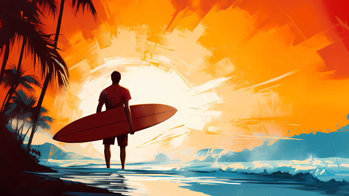 Illustration of a surfer with a surfboard agains a dramatic sunset