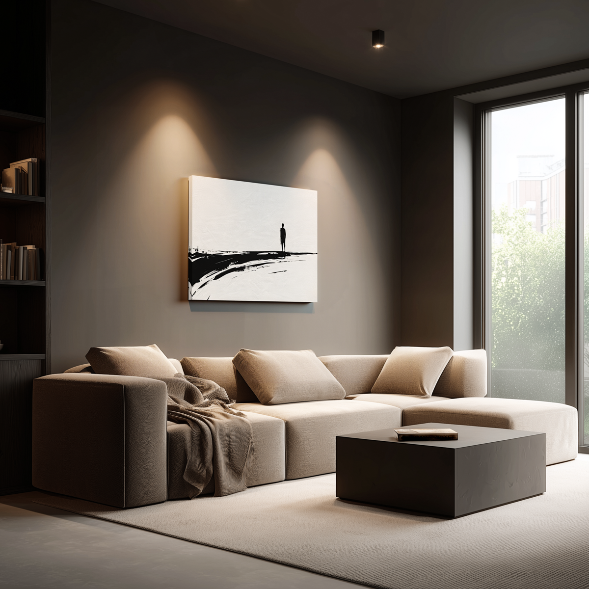 Modern living room with a sectional sofa, coffee table, and wall art.