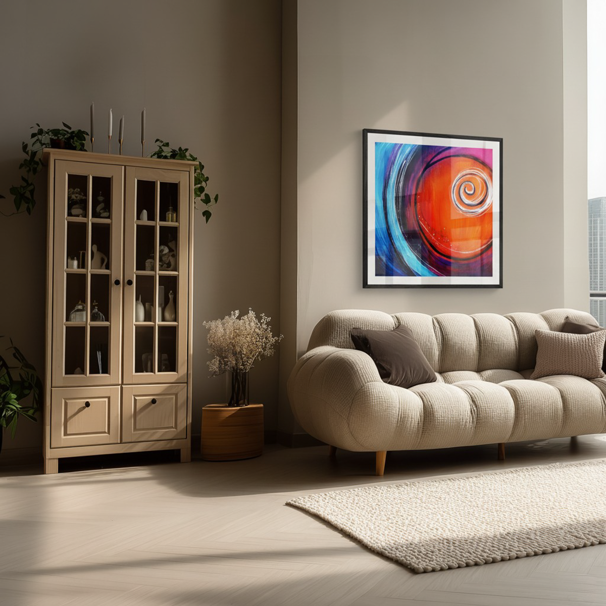 Modern living room with beige sofa, glass cabinet, and colorful abstract painting.