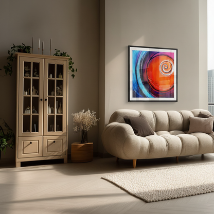 Modern living room with beige sofa, glass cabinet, and colorful abstract painting.