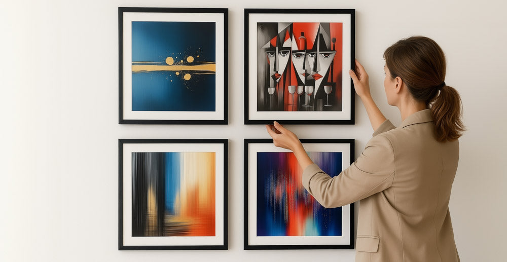 Interior featuring framed abstract wall art